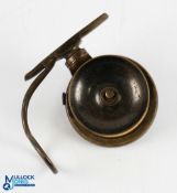 A scarce Mallock Perth patent brass side casting reel, size 2 5/8" with 2 1/8" reversable spool,