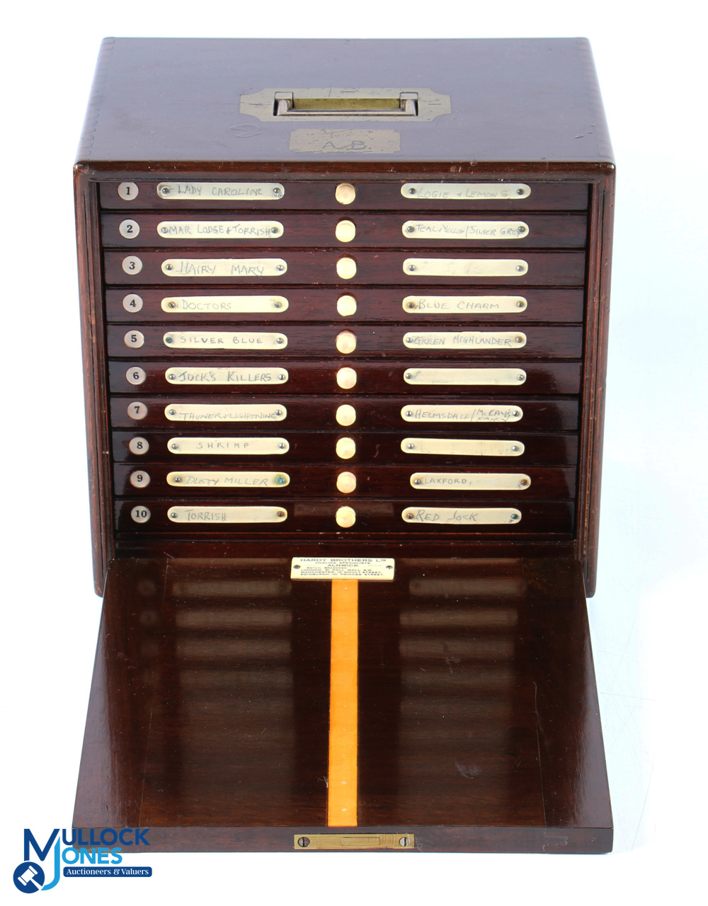 A scarce and fine Hardy "The Unique" salmon fly cabinet - mahogany rectangular cabinet with fall