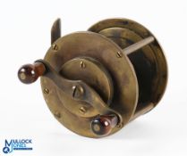 An unusual brass wide drum salmon winch, 3.75" diameter, 2.5" wide, twin handles on crossbar to