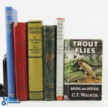 6x Period Fishing Books, Trout Flies C F Walker 1965, Fifty Years Angling 1938 ex library, By Lake &