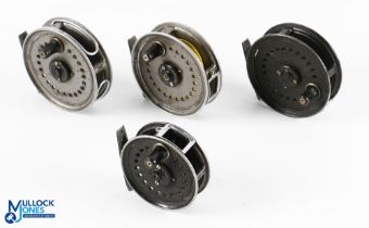 A collection of J W Young & Son alloy trout fly reels, comprising: 3x Beaudex 3.5" spool, 2 screw
