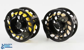 2x Orvis Mach 1B large arbor fly reels, made in England, 4" diameters, quick release drums, and