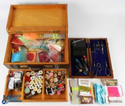 Fly-Tying Wooden Box, full of contents -to include AA style pedestal vice, silks, cotton, treads,
