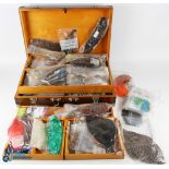 Large Fly-Tying Wooden Box, full of contents - to include wings, stalin skins, mallard, grouse,