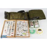 A selection of fishing items: Predator Brand fly box, 4 sided 13 ½" x 9 ½" foam lined with a large