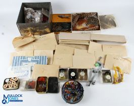 Period Fly Tying Accessories, a tin of items to include feathers, wool, hooks, silks, Veniards
