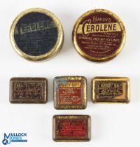 Six Hardy vintage accessories tins, 2x Cerolene, 1 red, 1 blue label, 3x gilt tins with match