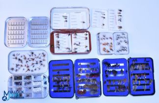 A collection of fly containers as follows: Hardy plastic box with a selection of hares' ear (missing
