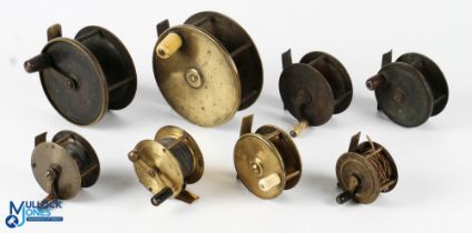 A collection of brass winch reels and plate wind, comprising: 4" plate unnamed; 2 ¾" C Farlow;