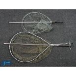 2x Large Gye Landing Nets, aluminium framed with extendable handles, one is made by Whitlock, with