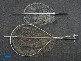 2x Large Gye Landing Nets, aluminium framed with extendable handles, one is made by Whitlock, with