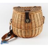 Modern Wicker Fishing Creel, with webbing shoulder strap, leather fittings #30cm tall, with signs of