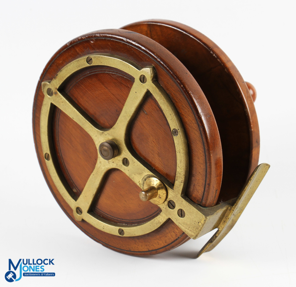 Mahogany and brass circle back Nottingham reel, 6" diameter, shaped cow horn handles, brass wing - Image 2 of 2