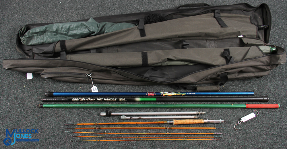 Large Canvas Fishing Rod Bags, with multi pockets, and contents of a 3-piece Japanese split cane