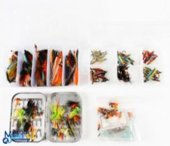 A large selection of salmon flies and tubes: R Wheatley slim alloy swing leaf tin, 5" x 3 ½" x 1"