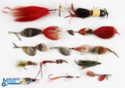 Collection of large fish/water lures, including: W T J Lowe Buffalo NY large spoon, fur/wool hook