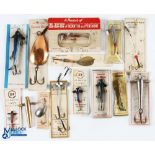 13x Period Fishing Tackle Baits, Lures Spoon, Devons, all carded with makers of Millwards, Lee,