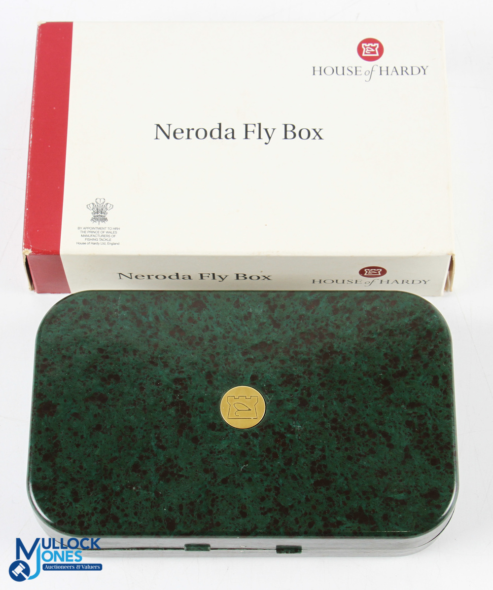A fine Hardy Bros modern Neroda dry/wet fly box mottled green finish 6 ¼" x 3 ¾" x 1 ½" smooth
