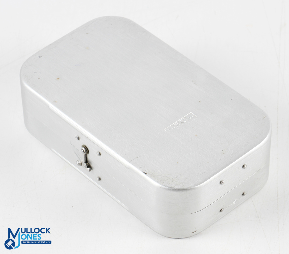 A fine Richard Wheatley slim alloy dry fly tin 6" x 3 ½" x 1 ¾", 32 spring window compartments, - Image 2 of 2