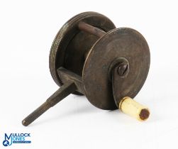 Interesting unnamed spike brass winch, 1 7/8" spool with curved crank arm, fitted bone handle,
