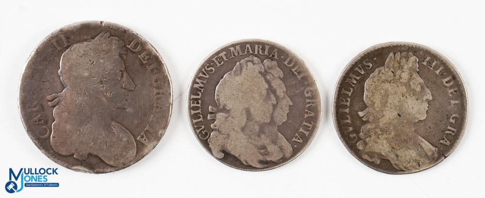 Charles II 1680 Silver Crown Coin worn with edge dents, date part legible, together with 1693