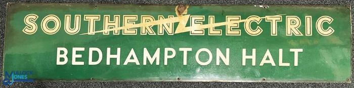 Southern Railway Bedhampton Halt enamel sign - SOUTHERN ELECTRIC with SR electric flash and left