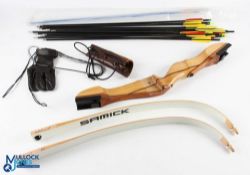 Samick Polaris Archery Recurve Bow 68" 24lb with a selection of Armex arrows, leather glove, needs a