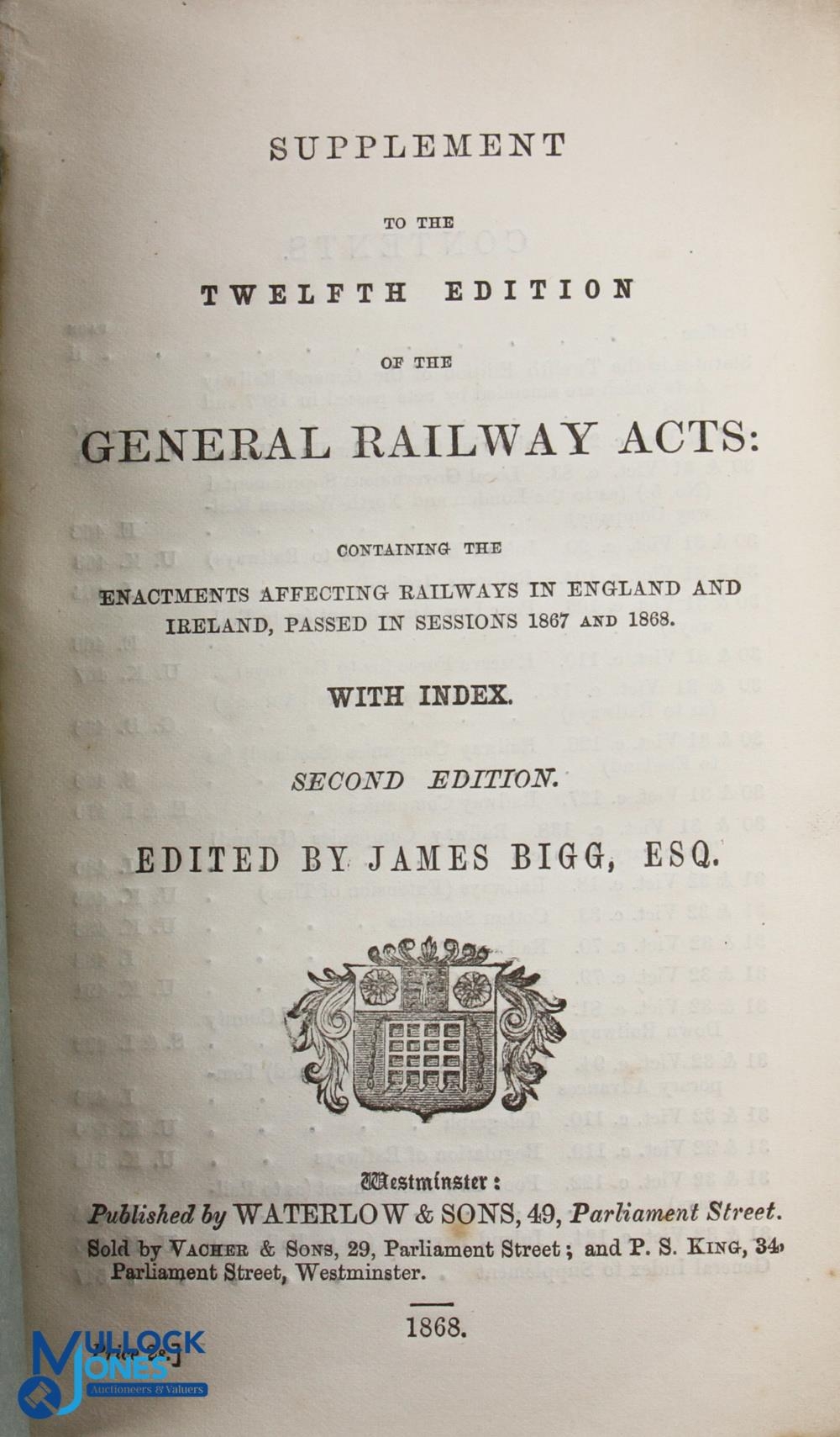 1868 Supplement to General Railway Acts, 2nd edition James Big with index paperback book - Image 2 of 2