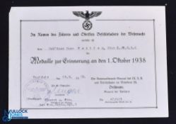 Third Reich - Original certificate bestowing the 1st October 1938 medal on Hans Triller, for his