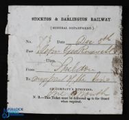 Stockton & Darlington Railway 1840s- An Employees Free Ticket from Shildon to any part of the line
