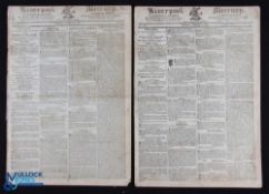 Peterloo Massacre - two original editions of the Liverpool Mercury newspaper dated 1819 with