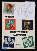1974 British Lions v Transvaal Rugby Programme: 42pp, plus thank you note written & signed by Lions'