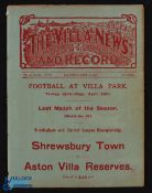 1909/1910 Aston Villa (reserves) v Shrewsbury Town (1st team), Birmingham League match programme;