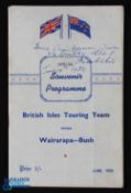 Scarce 1950 British & I Lions v Wairarapa-Bush Rugby Programme: Chunky, packed edition for the 14