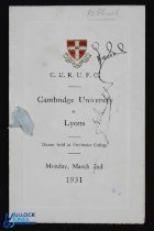 1931 Cambridge Univ v Lyons Signed Rugby Menu: autographed copiously & amusingly to Peter Brook by