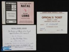 1974 British Lions in South Africa Rugby Tickets (3): Natal match issue, & official's invites to