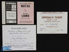 1974 British Lions in South Africa Rugby Tickets (3): Natal match issue, & official's invites to