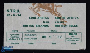 1974 British Lions in South Africa Rugby Ticket: Attractive pictorial issue for the 2nd test at
