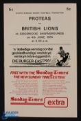 1974 British Lions v Proteas Rugby Programme: 4pp, signed by A Lategan, who partnered Errol