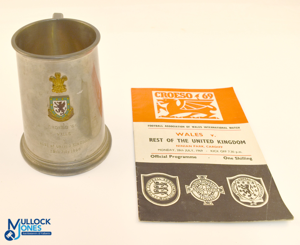 A pewter tankard with Welsh badges, inscribed 'Croeso'69 Wales v Rest of United Kingdom 28th July