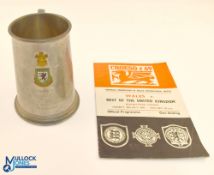 A pewter tankard with Welsh badges, inscribed 'Croeso'69 Wales v Rest of United Kingdom 28th July
