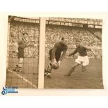 A black and white original Dutch Press photograph of Bert Williams in action collecting the ball