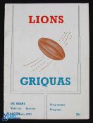 1974 British Lions v Griquas Rugby Programme: Substantial, striking example, VG