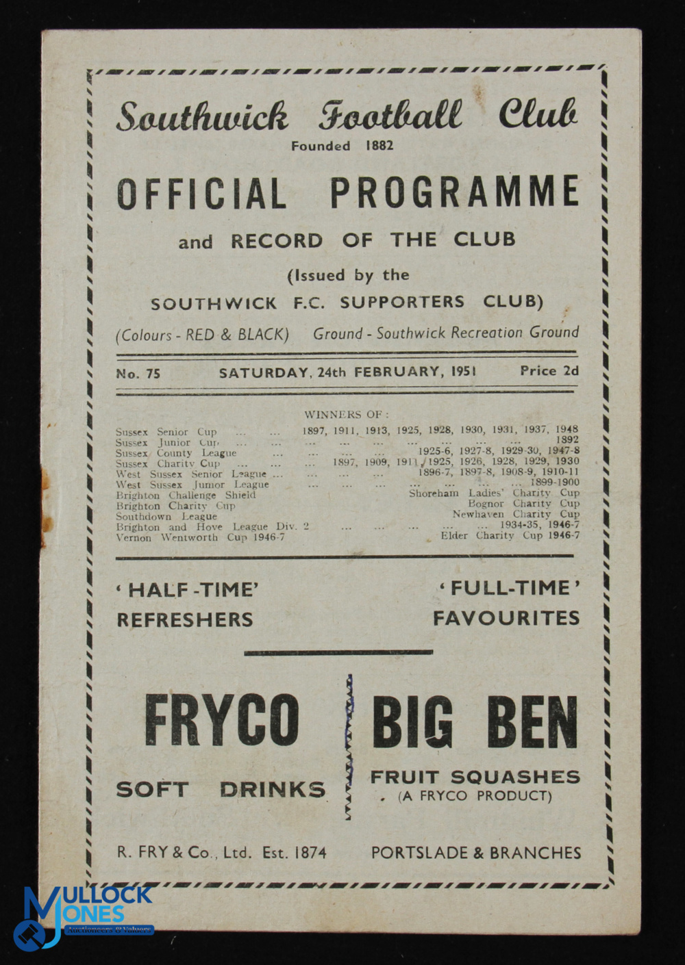 1950/51 Southwick FC v Portsmouth (Ron Candy testimonial) 24 February 1951 at the Recreation Ground;