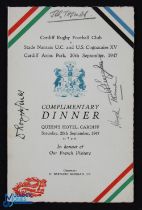 1947 Cardiff v Nantes/Cognac Signed Rugby Menu: Some 14 have autographed the menu from the post-