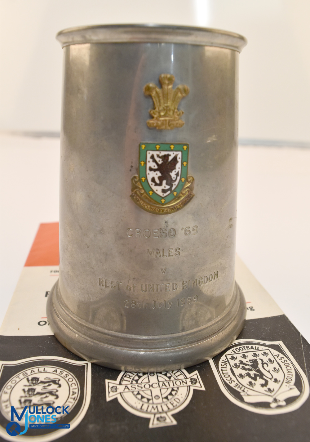 A pewter tankard with Welsh badges, inscribed 'Croeso'69 Wales v Rest of United Kingdom 28th July - Image 2 of 2