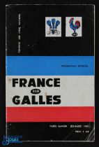 1961 France v Wales Rugby Programme: The first magazine style Paris programme for these old