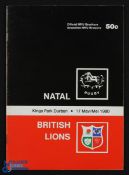 1980 Natal v B & I Lions Rugby Programme: At Durban 17/5/80, 32pp issue, VG