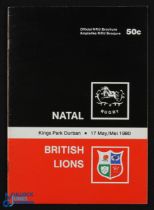 1980 Natal v B & I Lions Rugby Programme: At Durban 17/5/80, 32pp issue, VG