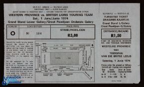 1974 British Lions in South Africa Rugby Ticket: Lovely Large blue full grandstand ticket, maybe